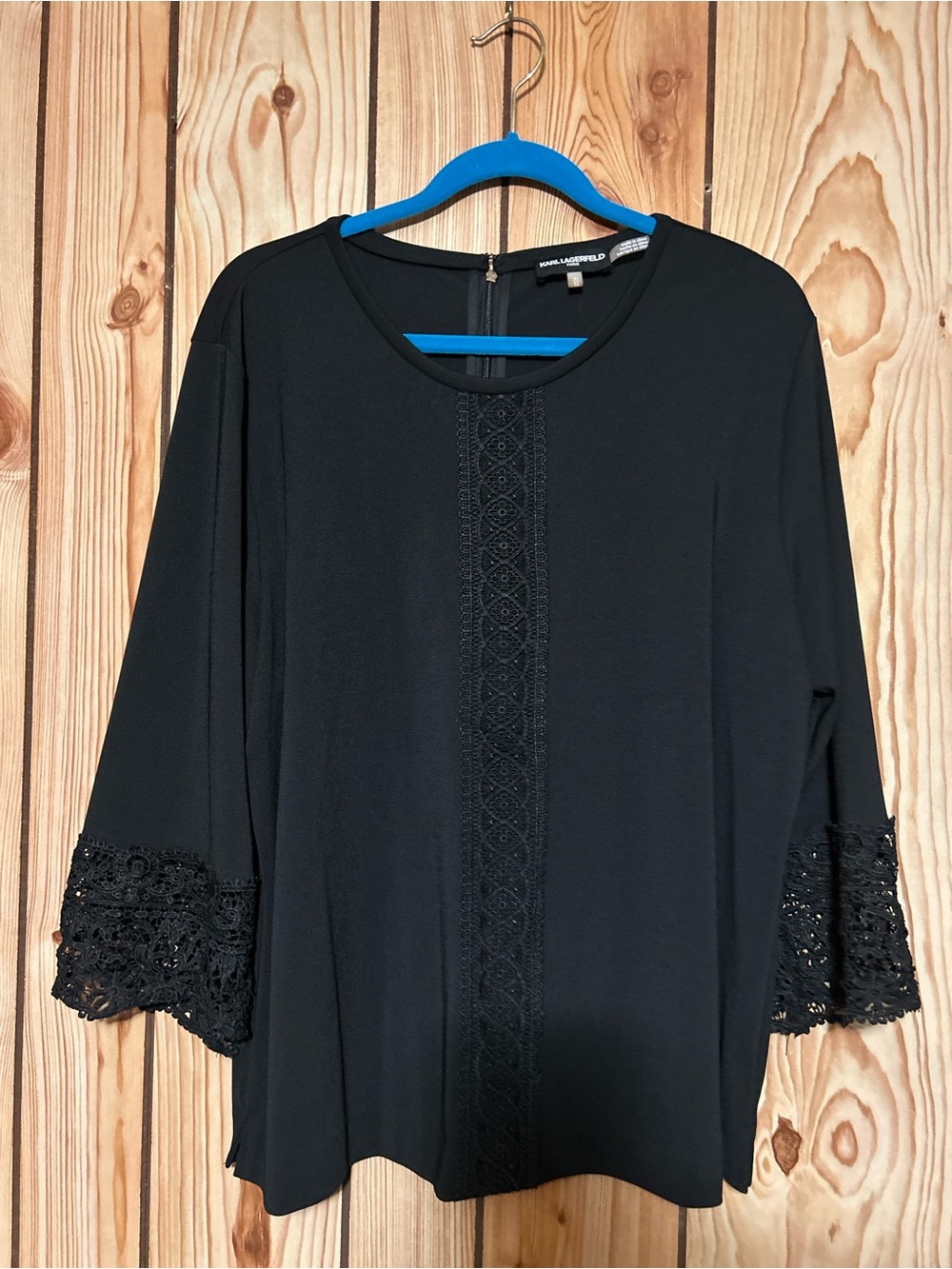 Karl Lagerfeld Paris Blouse Size XL Black Lace Detail 3/4 Sleeve Career Preppy